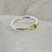 Load image into Gallery viewer, Silver and Gold tension set ring with a Peridot