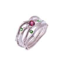 Load image into Gallery viewer, Sterling Silver Cocktail Ring with Green and Pink Garnets