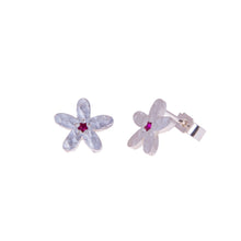 Load image into Gallery viewer, Ruby ear studs in a silver flower