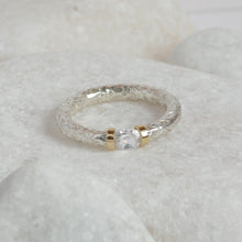 Load image into Gallery viewer, Textured silver and gold tension ring with cubic zirconium