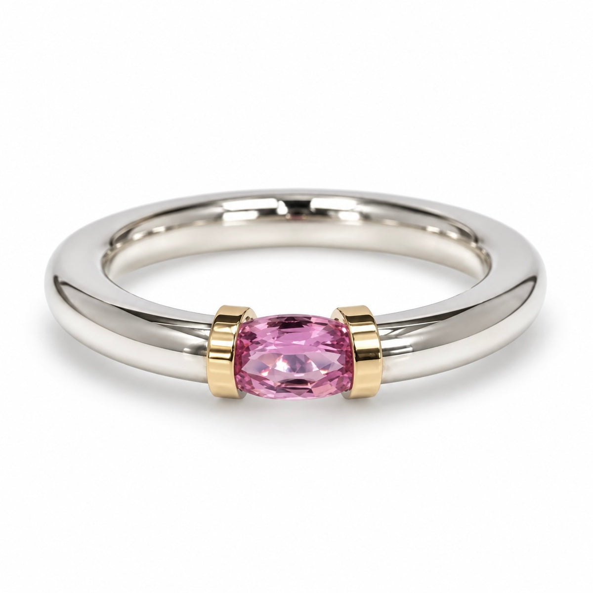 A Sterling Silver Pink Sapphire Tension Set Ring With Gold Detail