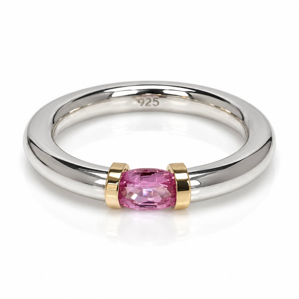A Sterling Silver Pink Sapphire Tension Set Ring With Gold Detail