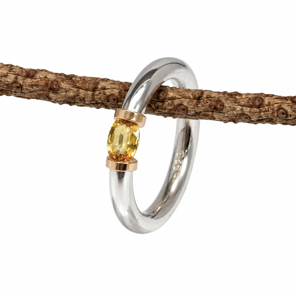 Natural Yellow Sapphire Ring In Sterling Silver With 9carat Gold Detail
