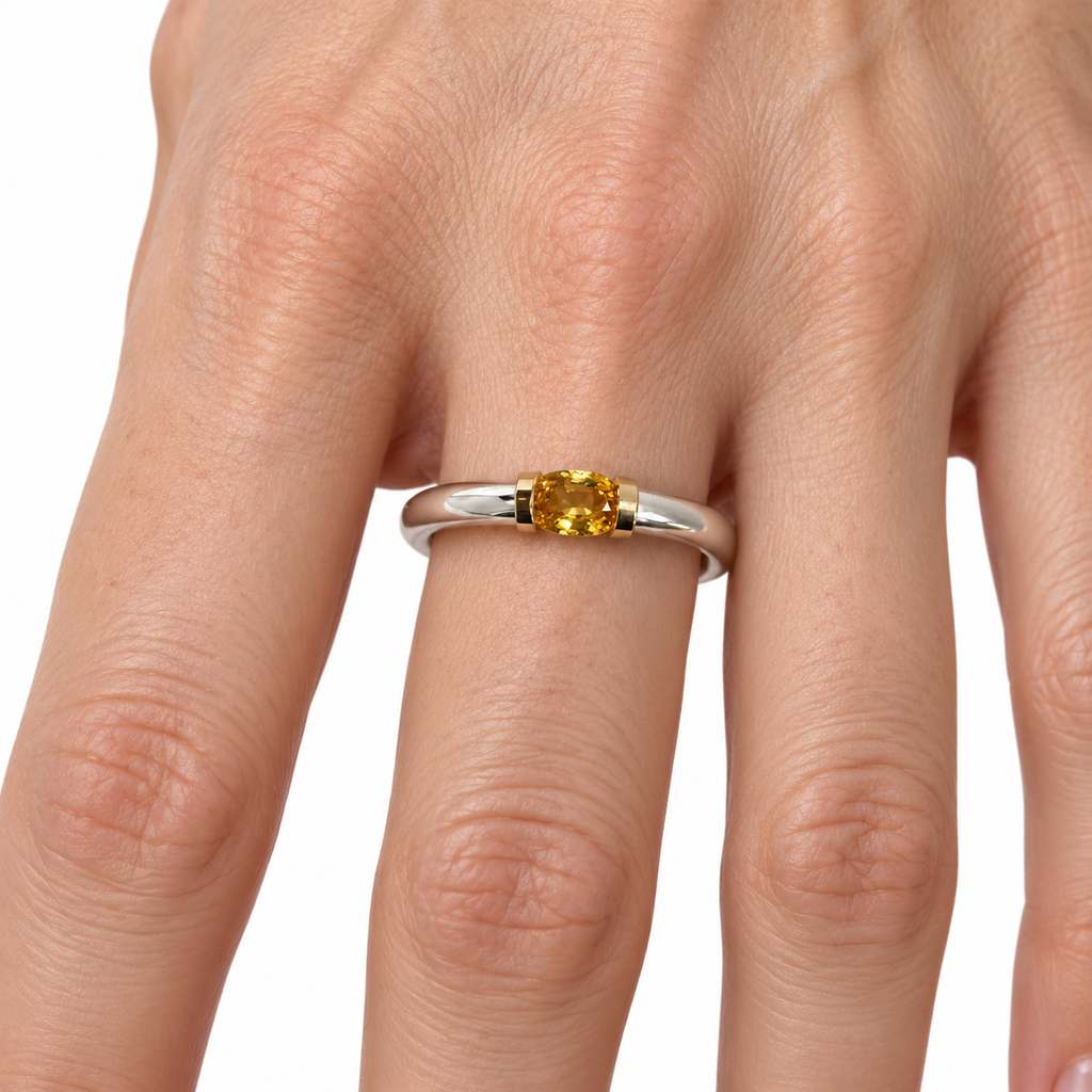 Natural Yellow Sapphire Ring In Sterling Silver With 9carat Gold Detail