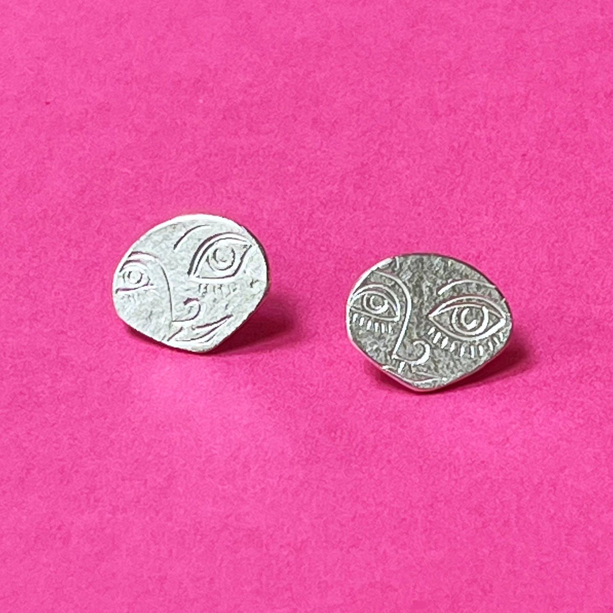 Small Pretty Face Studs In Sterling Silver