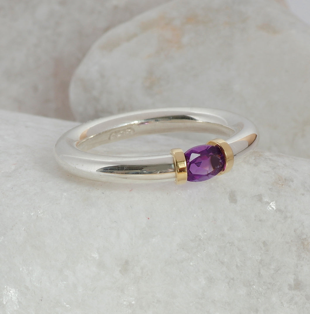 Silver and Gold Tension Ring with an Amethyst