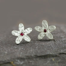 Load image into Gallery viewer, Ruby and Silver Earrings in a Hand Textured Flower Design
