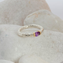 Load image into Gallery viewer, An Amethyst hand textured silver ring with a gold detail
