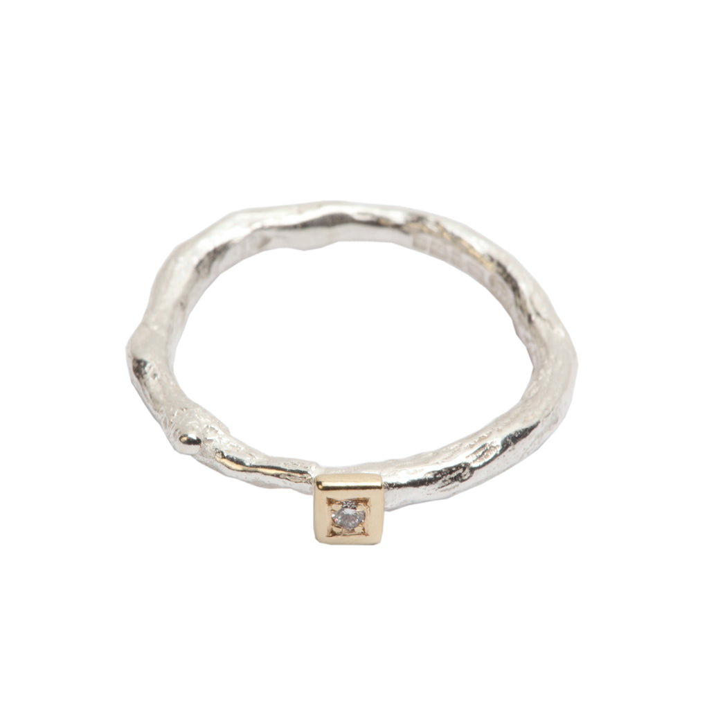 Silver and Gold Rose Root Ring, with a Small Diamond.
