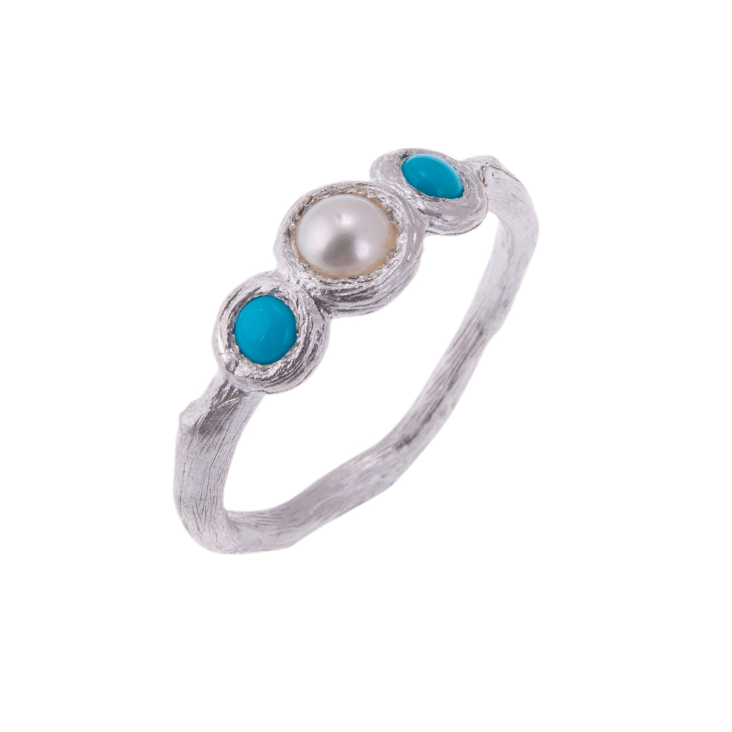 Pearl And Turquoise Three Stone Ring