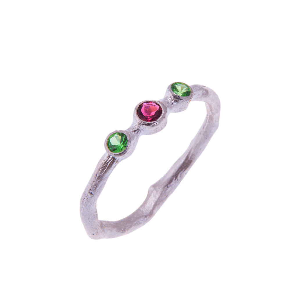 Three Stone Pink And Green Amethyst Ring