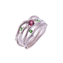 Load image into Gallery viewer, Sterling Silver Cocktail Ring with Green and Pink Garnets
