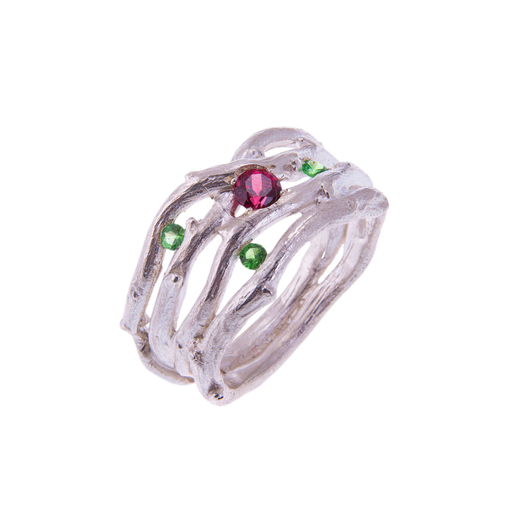 Sterling Silver Cocktail Ring with Green and Pink Garnets