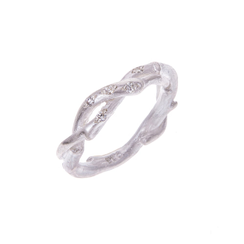 Entwined silver twig ring set with diamonds
