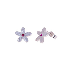 Load image into Gallery viewer, Ruby ear studs in a silver flower
