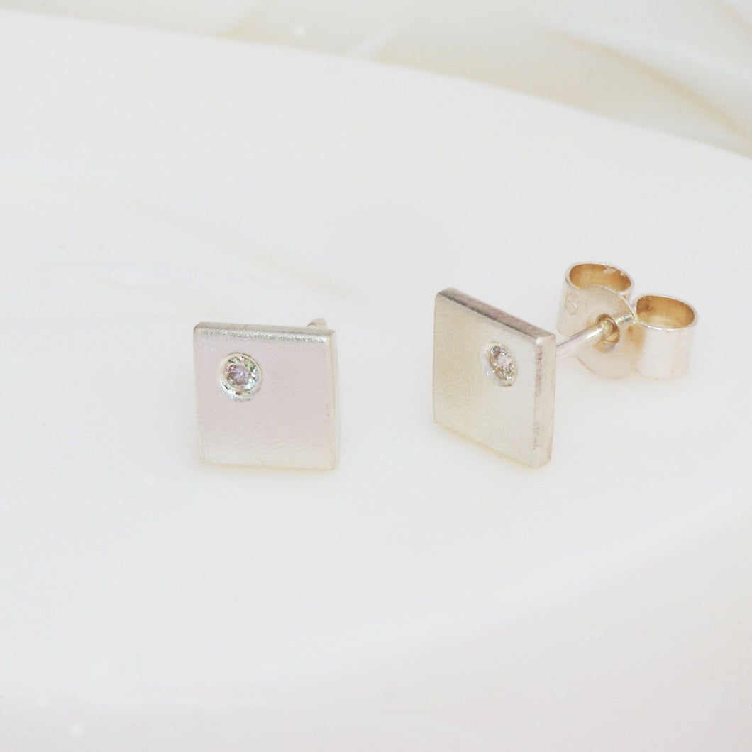 Square Off Set Diamond Earrings in Silver