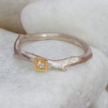 Load image into Gallery viewer, Organic Silver Ring Set with a Diamond in a Gold Square
