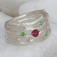 Load image into Gallery viewer, Sterling Silver Cocktail Ring with Green and Pink Garnets
