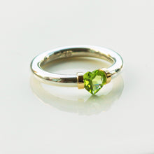 Load image into Gallery viewer, Heart shaped lime green Peridot tension set ring
