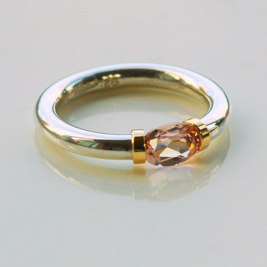 Morganite Tension Set Ring In Sterling Silver And Gold