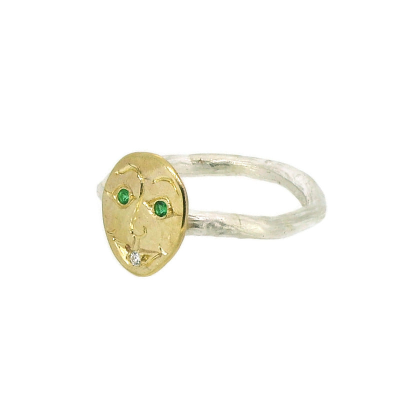 Silver And Gold Face Ring With Emerald And Diamond