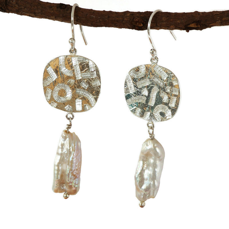 Freshwater Pearl Hand Engraved Silver Earrings