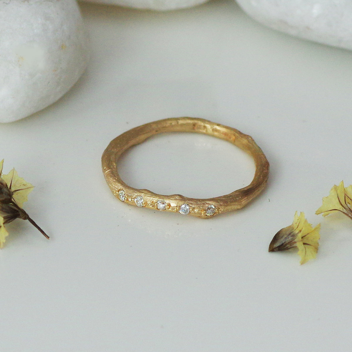 9 carat Yellow Gold Twig Ring Set With 5 Diamonds