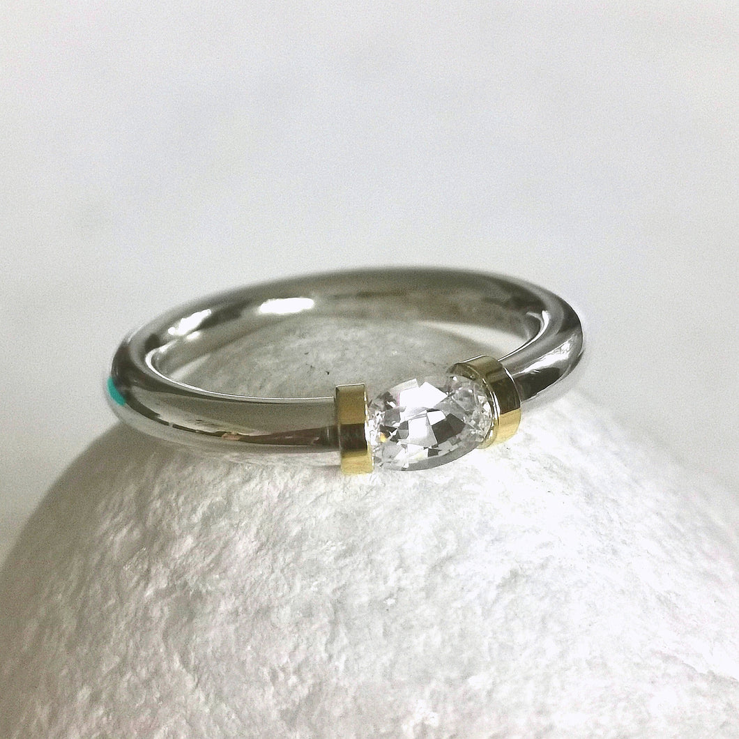 White Sapphire Sterling Silver and Gold Tension Ring