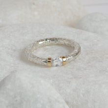 Load image into Gallery viewer, Textured silver and gold tension ring with cubic zirconium
